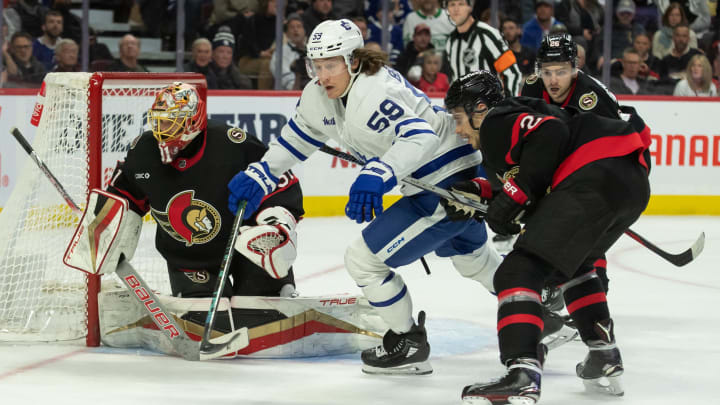 Dec 7, 2023; Ottawa, Ontario, CAN; Toronto Maple Leafs left wing Tyler Bertuzzi (59) chases the puck