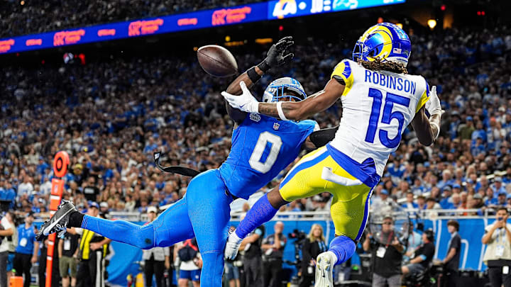 Detroit Lions cornerback Terrion Arnold (0) 