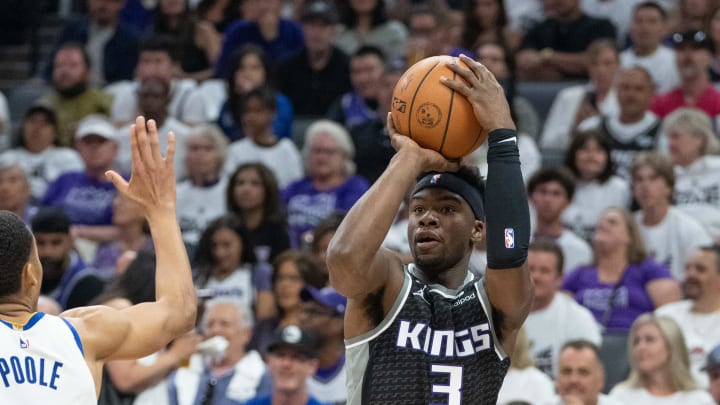 April 30, 2023; Sacramento, California, USA; Sacramento Kings guard Terence Davis (3) shoots the basketball during the first quarter in game seven of the 2023 NBA playoffs first round against the Sacramento Kings at Golden 1 Center. Mandatory Credit: Kyle Terada-USA TODAY Sports