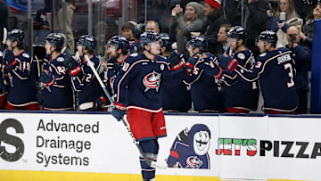 Dec 27, 2024; Columbus, Ohio, USA; Columbus Blue Jackets left wing Dmitri Voronkov (10) celebrates his goal against the Boston Bruins during the second period at Nationwide Arena. Mandatory Credit: Russell LaBounty-Imagn Images