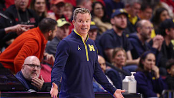 Feb 1, 2025; Piscataway, New Jersey, USA; Michigan Wolverines head coach Dusty May reacts during the second half against the Rutgers Scarlet Knights at Jersey Mike's Arena. Mandatory Credit: Vincent Carchietta-Imagn Images
