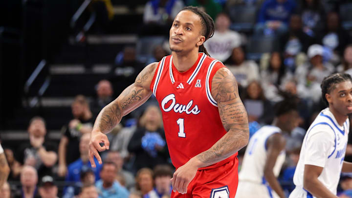 Feb 23, 2025; Memphis, Tennessee, USA; Florida Atlantic Owls forward Kaleb Glenn (1) reacts after a three point basket against the Memphis Tigers during the first half at FedExForum. Mandatory Credit: Wesley Hale-Imagn Images