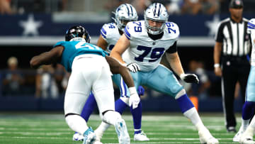 Aug 12, 2023; Arlington, Texas, USA; Dallas Cowboys offensive tackle Matt Waletzko (79) in game action in the game against the Jacksonville Jaguars at AT&T Stadium. Mandatory Credit: Tim Heitman-USA TODAY Sports