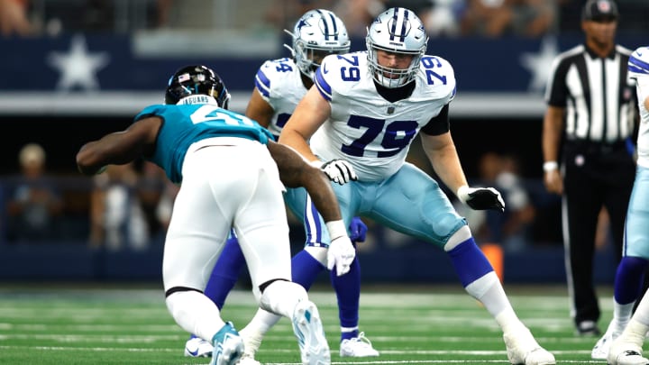 Aug 12, 2023; Arlington, Texas, USA; Dallas Cowboys offensive tackle Matt Waletzko (79) in game action in the game against the Jacksonville Jaguars at AT&T Stadium. Mandatory Credit: Tim Heitman-USA TODAY Sports