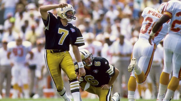 Sep 18, 1994; FILE PHOTO; New Orleans Saints kicker Morten Andersen (7) kicks against the Tampa Bay Buccaneers 