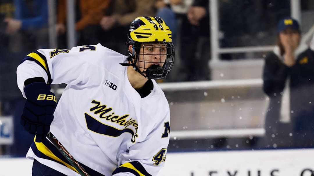 Mar 7, 2025; Ann Arbor, MI, USA; Michigan Wolverines forward Will Horcoff (44) skates against Penn State during a Big Ten Tournament quarter final game at Yost Arena. Mandatory Credit: Rick Osentoski-Imagn Images Mar 7, 2025; Ann Arbor, MI, USA; Michigan Wolverines forward Will Horcoff (44) skates against Penn State during a Big Ten Tournament quarter final game at Yost Arena. Mandatory Credit: Rick Osentoski-Imagn Images