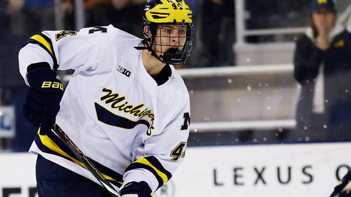 Mar 7, 2025; Ann Arbor, MI, USA;  Michigan Wolverines forward Will Horcoff (44) skates against Penn State  during a Big Ten Tournament quarter final game at Yost Arena. Mandatory Credit: Rick Osentoski-Imagn Images