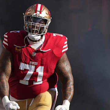 Sep 9, 2024; Santa Clara, California, USA; San Francisco 49ers offensive tackle Trent Williams (71) is introduced before the game against the New York Jets at Levi's Stadium. Mandatory Credit: Darren Yamashita-Imagn Images