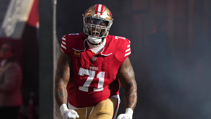 Sep 9, 2024; Santa Clara, California, USA; San Francisco 49ers offensive tackle Trent Williams (71) is introduced before the game against the New York Jets at Levi's Stadium. Mandatory Credit: Darren Yamashita-Imagn Images