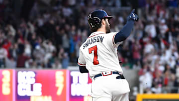 Oct 2, 2022; Cumberland, Georgia, USA; Atlanta Braves shortstop Dansby Swanson (7) reacts after