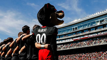 Sep 23, 2023; Cincinnati, Ohio, USA; The Cincinnati Bearcats mascot stands on the field during the playing of the Alma Mater prior to the game against the Oklahoma Sooners at Nippert Stadium. Mandatory Credit: Katie Stratman-Imagn Images