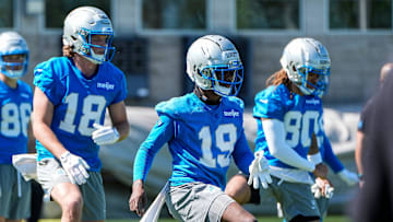 Detroit Lions wide receivers Dominic Lovett (19) and Isaac TeSlaa (18) practice during rookie minicamp at Meijer Performance Center in Allen Park on Friday, May 9, 2025.