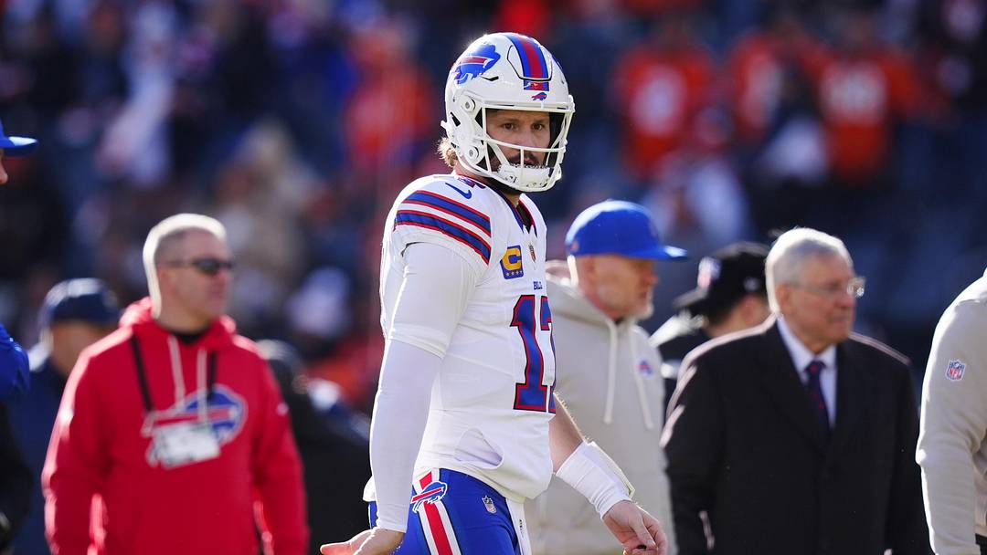 Jan 17, 2026; Denver, CO, USA; Buffalo Bills quarterback Josh Allen (17) warms up before an AFC Divisional Round game against the Denver Broncos at Empower Field at Mile High. Mandatory Credit: Ron Chenoy-Imagn Images