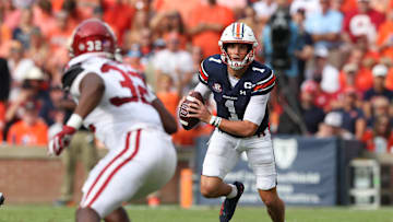 Sep 28, 2024; Auburn, Alabama, USA;  Auburn Tigers quarterback Payton Thorne (1) runs during the second quarter against the Oklahoma Sooners at Jordan-Hare Stadium. Mandatory Credit: John Reed-Imagn Images