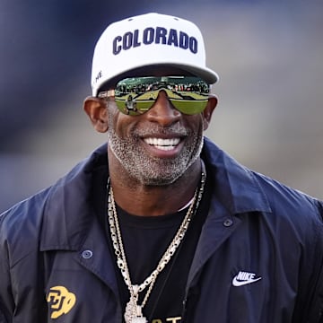 Nov 1, 2025; Boulder, Colorado, USA; Colorado Buffaloes head coach Deion Sanders before the game against the Arizona Wildcats at Folsom Field. Mandatory Credit: Ron Chenoy-Imagn Images