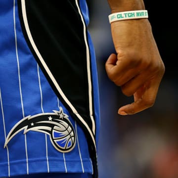 Feb 8, 2018; Orlando, FL, USA; A view of the Magic logo on a pair of game shorts worn by a member of the Orlando Magic against the Atlanta Hawks at Amway Center. Mandatory Credit: Aaron Doster-USA TODAY Sports