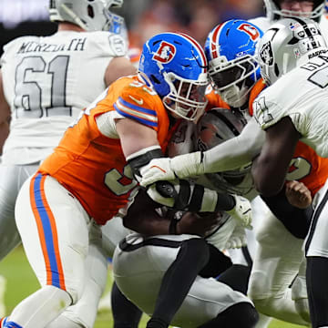 Nov 6, 2025; Denver, Colorado, USA; Denver Broncos defensive end Zach Allen (99) sacks Las Vegas Raiders quarterback Geno Smith (7) during the first half at Empower Field at Mile High. Mandatory Credit: Ron Chenoy-Imagn Images