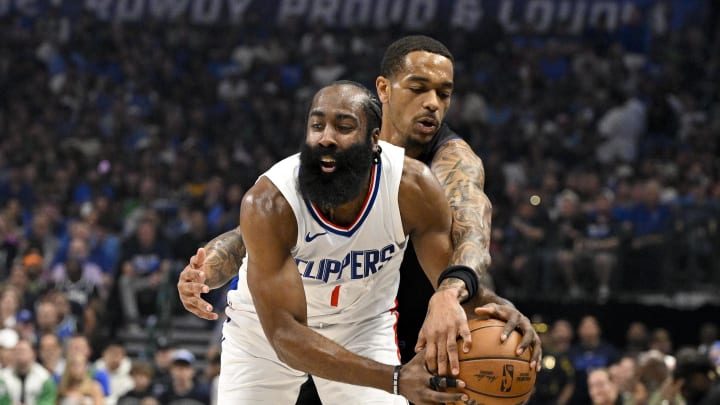 May 3, 2024; Dallas, Texas, USA; Dallas Mavericks forward P.J. Washington (25) knocks the ball away from LA Clippers guard James Harden (1) during the first quarter during game six of the first round for the 2024 NBA playoffs at American Airlines Center. Mandatory Credit: Jerome Miron-USA TODAY Sports