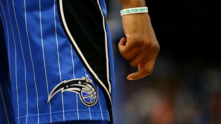 A view of the Magic logo on a pair of game shorts worn by a member of the Orlando Magic against the Atlanta Hawks A view of the Magic logo on a pair of game shorts worn by a member of the Orlando Magic against the Atlanta Hawks