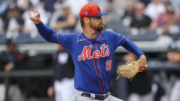 Mar 22, 2024; Tampa, Florida, USA;  New York Mets starting pitcher Tyler Stuart (19) throws a pitch against the New York Yankees in the first inning at George M. Steinbrenner Field. 