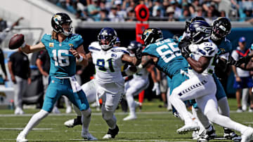 Oct 12, 2025; Jacksonville, Florida, USA; Jacksonville Jaguars quarterback Trevor Lawrence (16) drops back to throw a pass during the first half against the Seattle Seahawks at EverBank Stadium. Mandatory Credit: Travis Register-Imagn Images