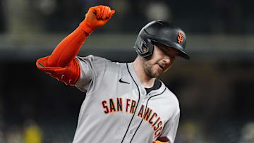 Sep 2, 2025; Denver, Colorado, USA; San Francisco Giants catcher Patrick Bailey (14) celebrates his two run home run with in the seventh inning against the Colorado Rockies at Coors Field. Mandatory Credit: Ron Chenoy-Imagn Images