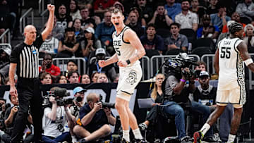 Michigan State center Carson Cooper (15) reacts to a personal foul during the second half of the Sweet 16 round of NCAA tournament against Ole Miss at State Farm Arena in Atlanta, Ga. on Friday, March 28, 2025.