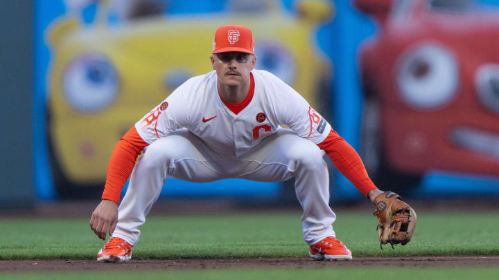 Aug 20, 2024; San Francisco, California, USA;  San Francisco Giants third base Matt Chapman (26) during the first inning against the Chicago White Sox at Oracle Park. 