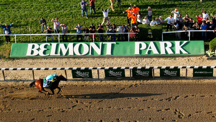 Jun 6, 2015; Elmont, NY, USA; Fans cheer as American Pharoah (5) approaches the finish line. Jun 6, 2015; Elmont, NY, USA; Fans cheer as American Pharoah (5) approaches the finish line.