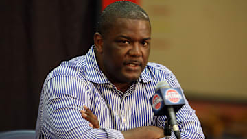 July 9, 2009; Auburn Hills, MI, USA; Detroit Pistons president Joe Dumars during the press conference to introduce their new head coach John Kuester at their practice facility. Mandatory Credit: Leon Halip-Imagn Images