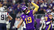 Nov 24, 2022; Minneapolis, Minnesota, USA; Minnesota Vikings wide receiver Adam Thielen (19) celebrates his touchdown against the New England Patriots during the fourth quarter at U.S. Bank Stadium. Mandatory Credit: Matt Krohn-Imagn Images