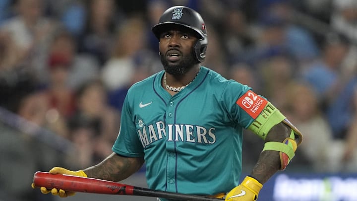 Oct 19, 2025; Toronto, Ontario, CAN;  Seattle Mariners left fielder Randy Arozarena (56) reacts after striking out against the Toronto Blue Jays in the second inning during game six of the ALCS round for the 2025 MLB playoffs at Rogers Centre. Mandatory Credit: John E. Sokolowski-Imagn Images