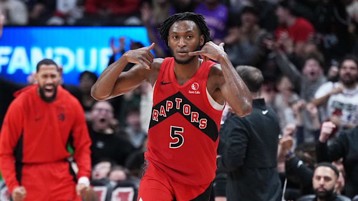Dec 28, 2025; Toronto, Ontario, CAN; Toronto Raptors guard Immanuel Quickley (5) reacts against the Golden State Warriors during the fourth quarter at Scotiabank Arena. Mandatory Credit: Nick Turchiaro-Imagn Images