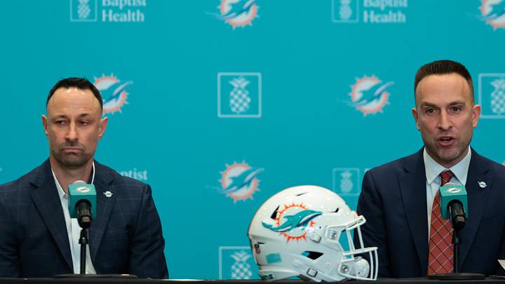 Jan 22, 2026; Miami Gardens, FL, USA; Miami Dolphins head coach Jeff Hafley, right, joined by general manager Jon-Eric Sullivan, left, speak to reporters during their introductory press conference at Baptist Health Training Complex. Mandatory Credit: Sam Navarro-Imagn Images