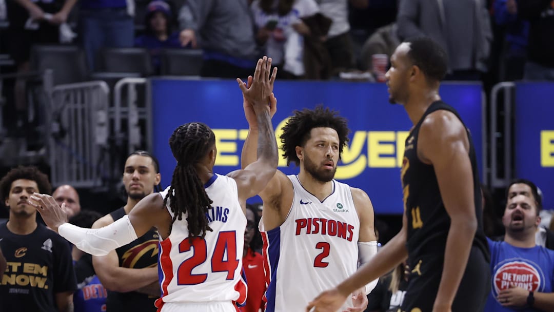 May 7, 2026; Detroit, Michigan, USA; Detroit Pistons guard Daniss Jenkins (24), guard Cade Cunningham (2) and forward Isaiah Stewart (28) celebrate in the second half against the Cleveland Cavaliers during game two of the second round of the 2026 NBA Playoffs at Little Caesars Arena. Mandatory Credit: Rick Osentoski-Imagn Images