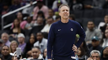 Nov 17, 2024; Washington, District of Columbia, USA; Washington Wizards had coach Brian Keefe looks on from the bench against the Detroit Pistons in the first half at Capital One Arena. Mandatory Credit: Geoff Burke-Imagn Images