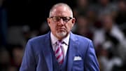 Jan 4, 2025; College Station, Texas, USA; Texas A&M Aggies head coach Buzz Williams looks on during the first half against the Texas Longhorns at Reed Arena. The Aggies defeated the Longhorns 80-60. Mandatory Credit: Maria Lysaker-Imagn Images 