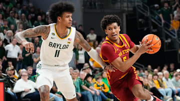 Feb 3, 2024; Waco, Texas, USA; Iowa State Cyclones guard Curtis Jones (5) drives to the basket