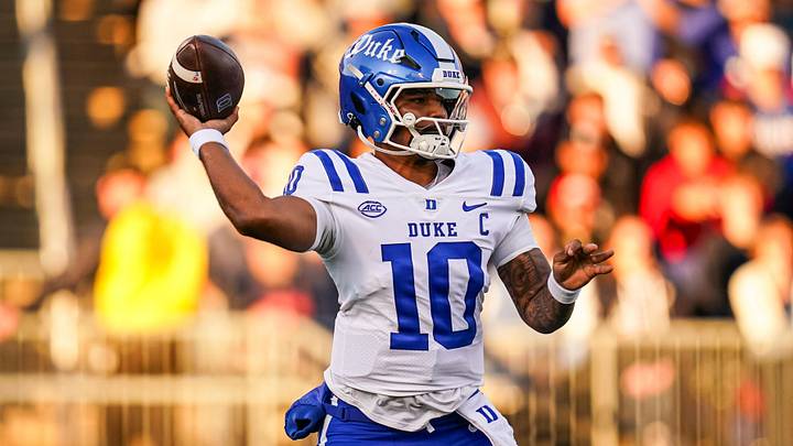Nov 8, 2025; East Hartford, Connecticut, USA; Duke Blue Devils quarterback Darian Mensah (10) throws a pass against the UConn Huskies in the first quarter at Pratt & Whitney Stadium at Rentschler Field. Mandatory Credit: David Butler II-Imagn Images
