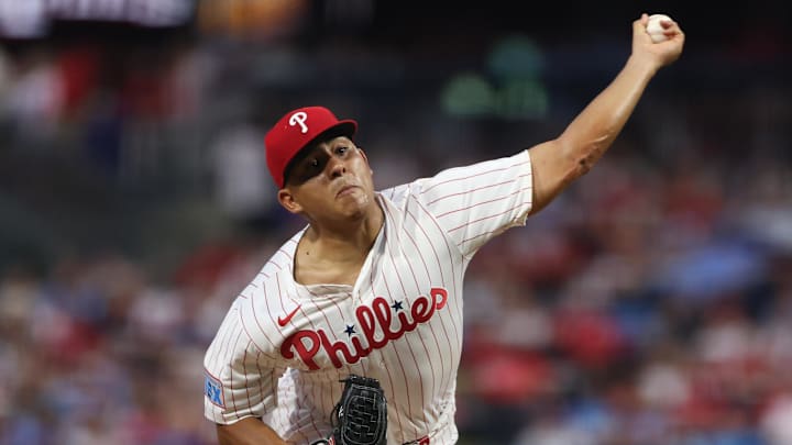 Sep 27, 2025; Philadelphia, Pennsylvania, USA; Philadelphia Phillies pitcher Ranger Suarez (55) throws a pitch against the Minnesota Twins during the second inning at Citizens Bank Park. Mandatory Credit: Bill Streicher-Imagn Images