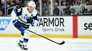 Feb 17, 2025; Boston, MA, USA; [Imagn Images direct customers only]  Team Finland forward Mikko Rantanen (96) skates with the puck during the second period in a 4 Nations Face-Off ice hockey game against Team Canada at TD Garden. Mandatory Credit: Bob DeChiara-Imagn Images