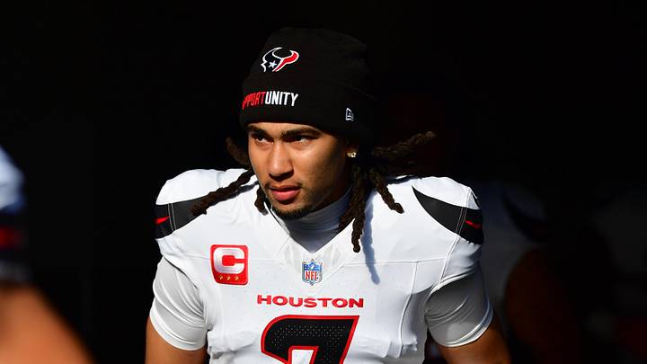 Dec 27, 2025; Inglewood, California, USA;  Houston Texans quarterback C.J. Stroud (7) takes the field prior to a game against the Los Angeles Chargers at SoFi Stadium. Mandatory Credit: Gary A. Vasquez-Imagn Images