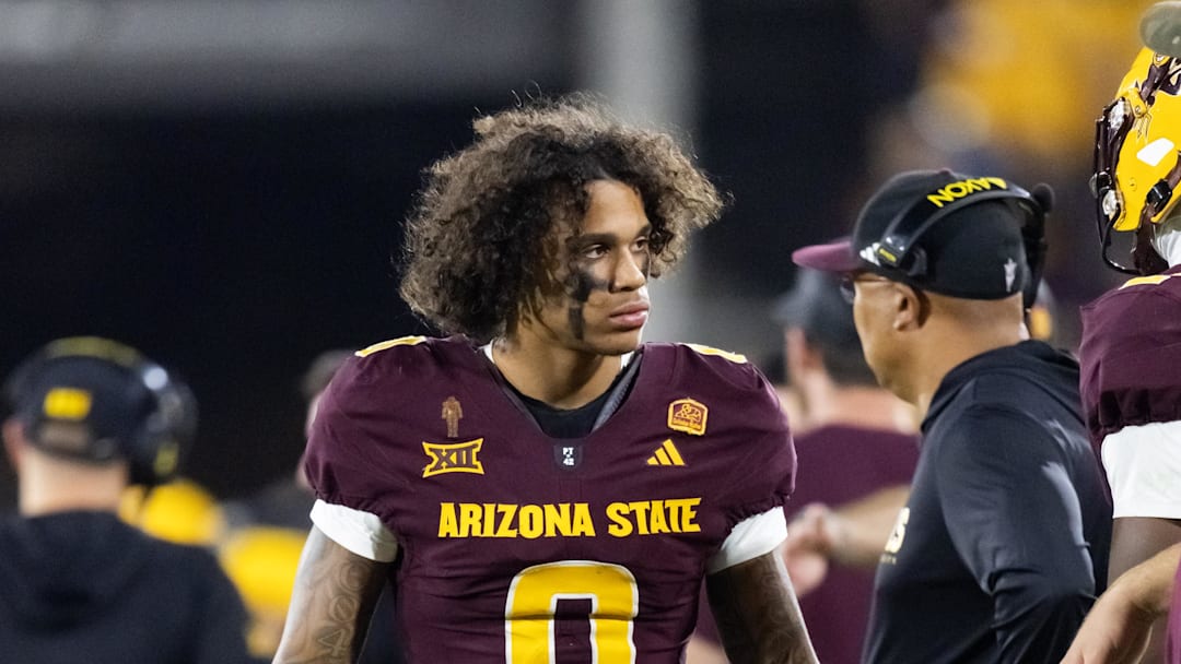 Nov 28, 2025; Tempe, Arizona, USA; Arizona State Sun Devils wide receiver Jordyn Tyson (0) against the Arizona Wildcats during the 99th Territorial Cup at Mountain America Stadium. Mandatory Credit: Mark J. Rebilas-Imagn Images