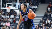 Nov 3, 2025; Paris, FRA;  Duke Blue Devils guard Taina Mair (22) controls the ball against the Baylor Bears during the first half at Adidas Arena. Mandatory Credit: Chris Jones-Imagn Images