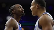 Oct 27, 2025; Philadelphia, Pennsylvania, USA; Philadelphia 76ers guard Tyrese Maxey (0) and Orlando Magic guard Desmond Bane (3) have words during the third quarter at Xfinity Mobile Arena. Mandatory Credit: Bill Streicher-Imagn Images