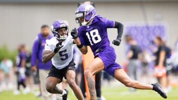 Mehki Blackmon (5) covering Justin Jefferson (18) during an offseason practice. 