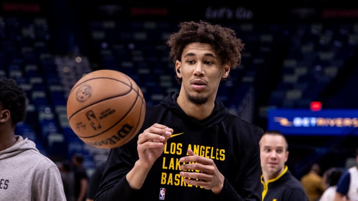 Apr 14, 2024; New Orleans, Louisiana, USA; Los Angeles Lakers center Jaxson Hayes (11) before the game against the New Orleans Pelicans at Smoothie King Center. Mandatory Credit: Stephen Lew-USA TODAY Sports