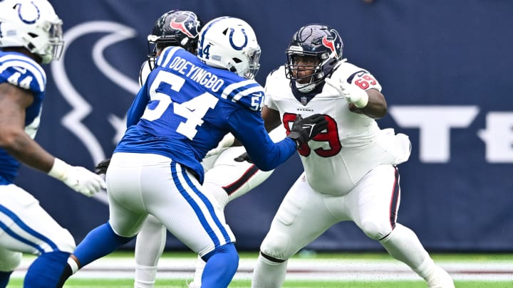 Sep 17, 2023; Houston, Texas, USA; Houston Texans guard Shaq Mason (69) in action during the first quarter against the Indianapolis Colts at NRG Stadium. Mandatory Credit: Maria Lysaker-USA TODAY Sports