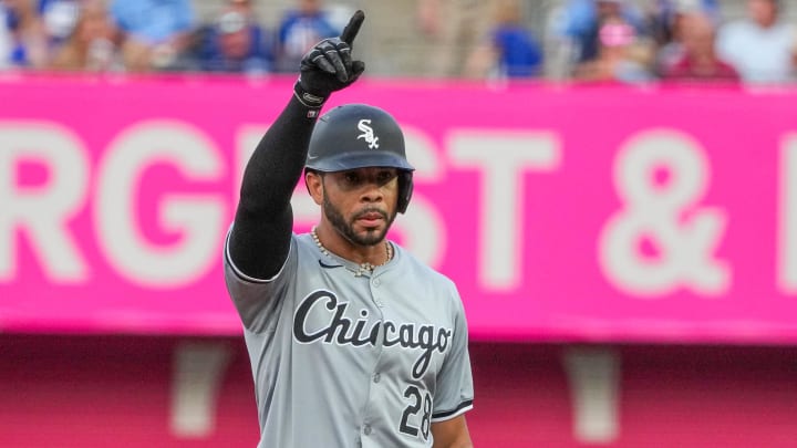 Jul 19, 2024; Kansas City, Missouri, USA; Chicago White Sox right fielder Tommy Pham (28) celebrates after hitting a double against the Kansas City Royals in the first inning at Kauffman Stadium