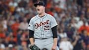 Detroit Tigers pitcher Tarik Skubal reacts after a strikeout against the Houston Astros in the sixth inning in Game 1 of the Wild Card Series at Minute Maid Park.